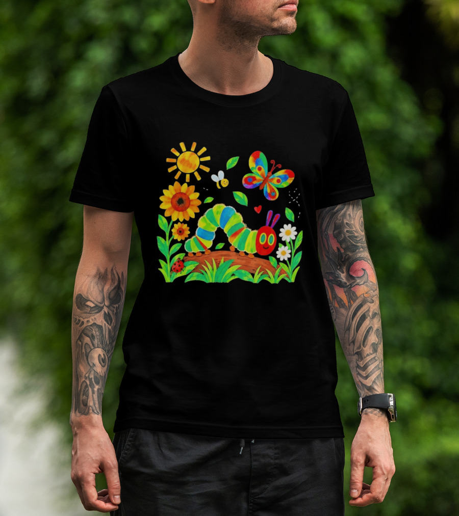 The Very Hungry Caterpillar Colorful Garden With Butterfly And Sunflowers T-Shirt