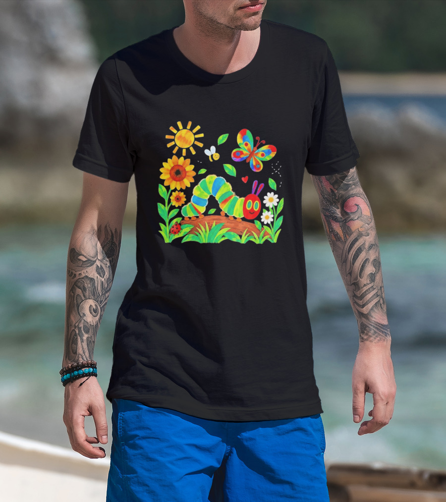 The Very Hungry Caterpillar Colorful Garden With Butterfly And Sunflowers T-Shirt
