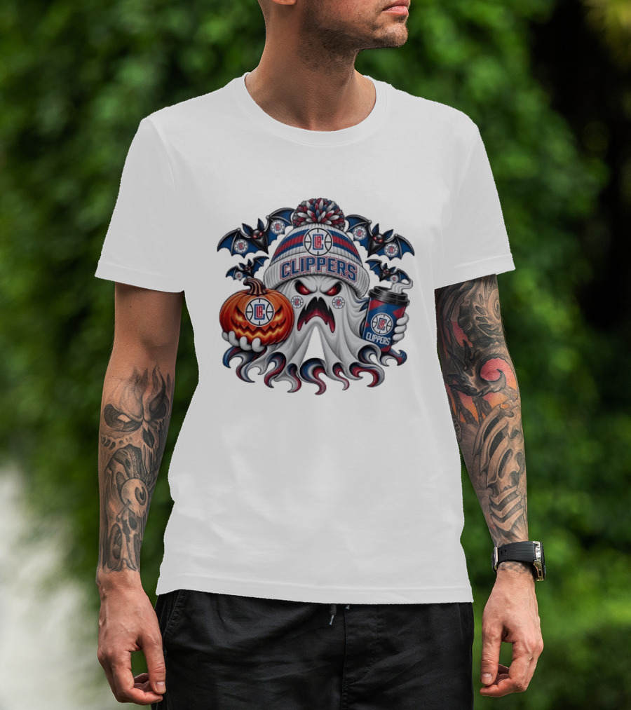Los Angeles Clippers Spooky Ghost Halloween With Coffee And Pumpkin T-Shirt
