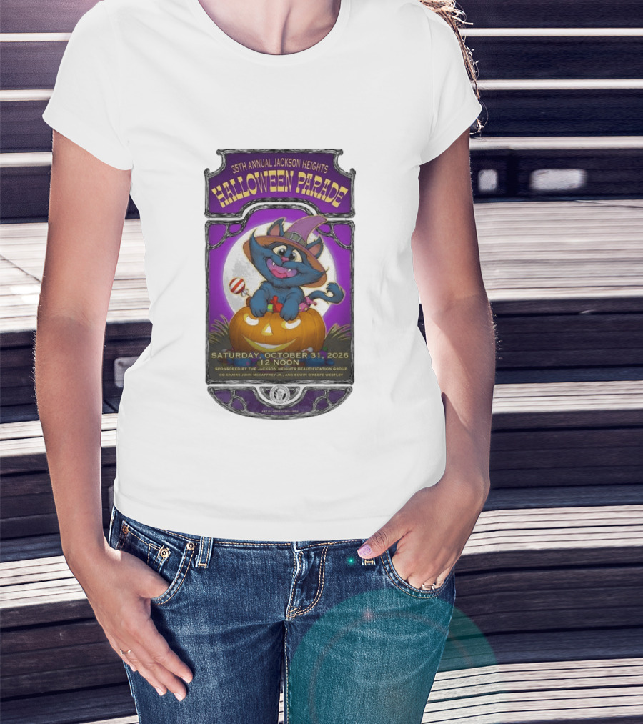 35th Annual Jackson Heights Halloween Parade October 31 2026 Cat Pumpkin T-Shirt