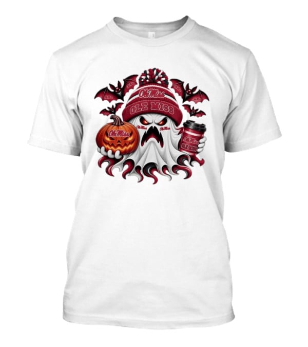 Ole Miss Rebels Halloween Ghost Pumpkin Coffee Spooky Bats T-Shirt