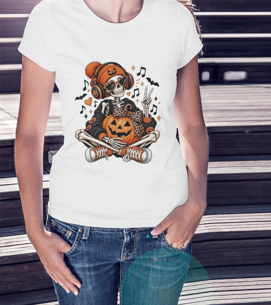 Skeleton In Pumpkin Beanie With Headphones Heart Sunglasses And Peace Sign T-Shirt