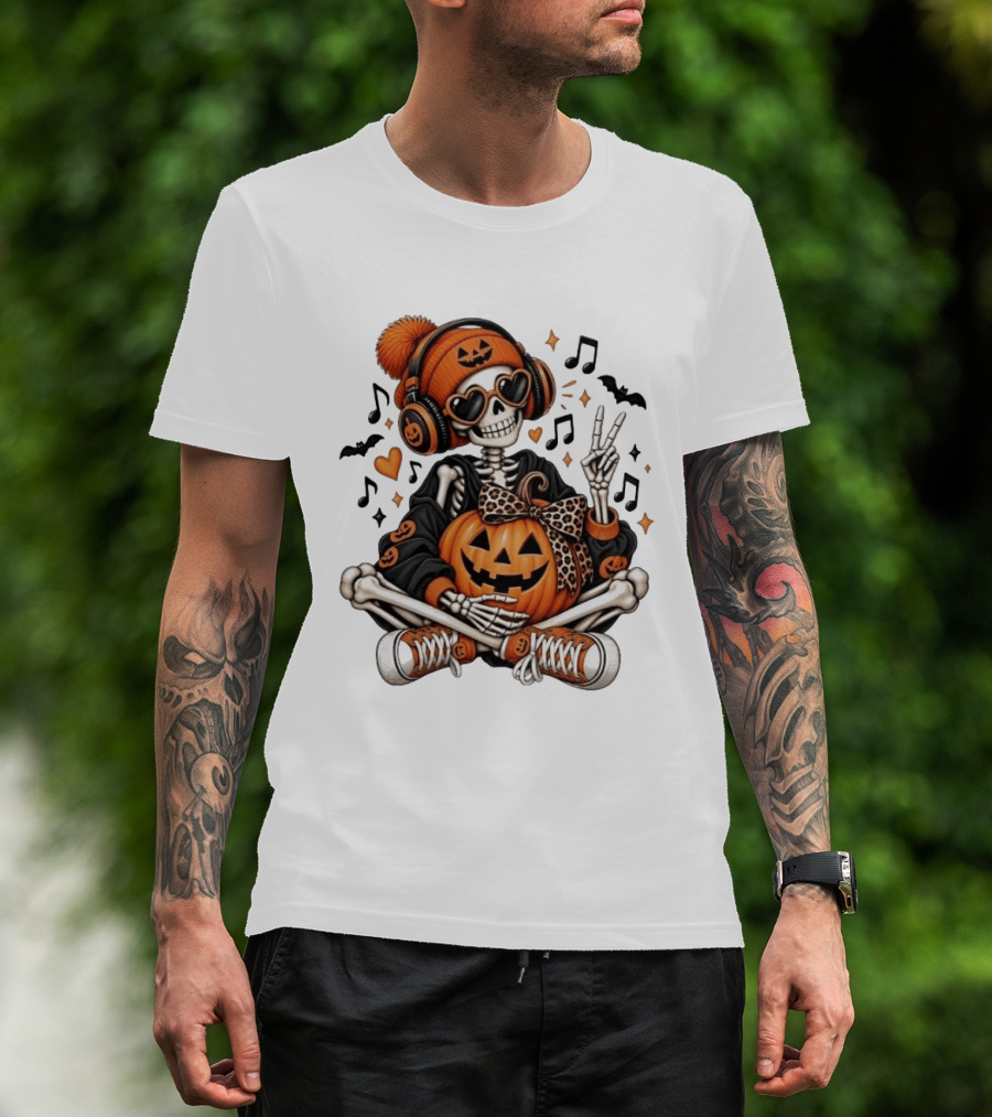 Skeleton In Pumpkin Beanie With Headphones Heart Sunglasses And Peace Sign T-Shirt