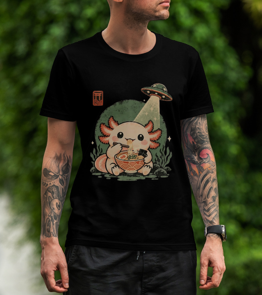 Axolotl Enjoying Ramen Under UFO Light With Japanese Distressed T-Shirt