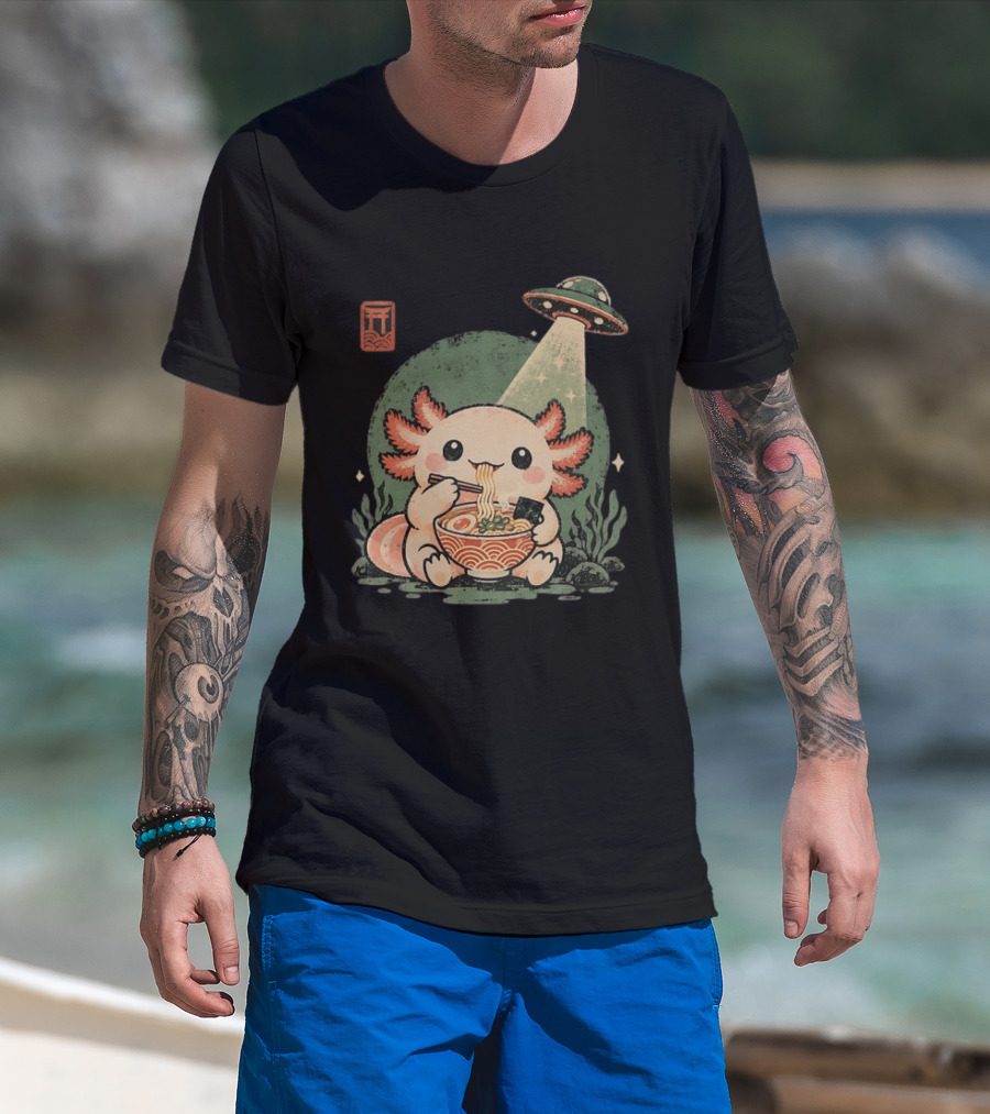 Axolotl Enjoying Ramen Under UFO Light With Japanese Distressed T-Shirt