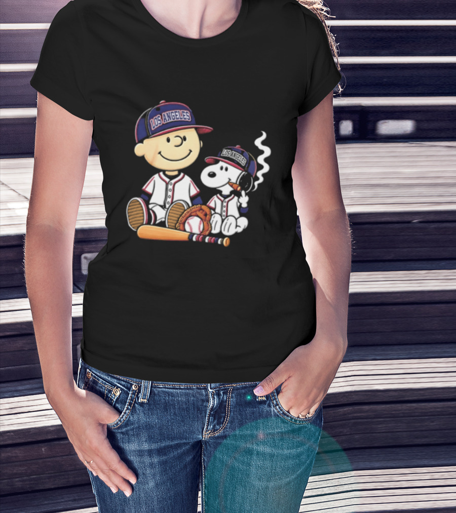 Charlie Brown Snoopy Los Angeles Angels MLB Cigar Smoking Cartoon T-Shirt