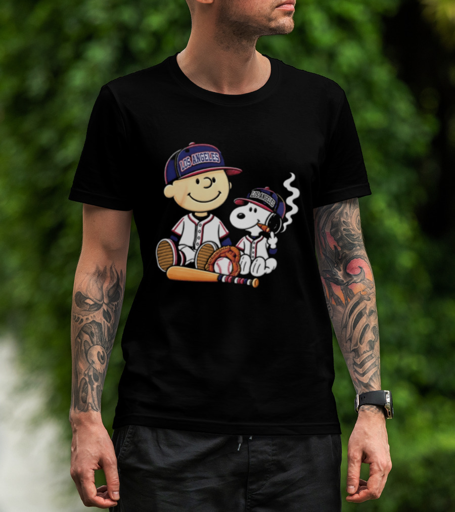Charlie Brown Snoopy Los Angeles Angels MLB Cigar Smoking Cartoon T-Shirt
