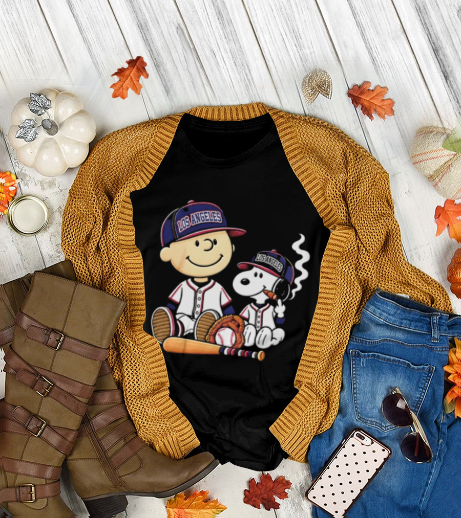 Charlie Brown Snoopy Los Angeles Angels MLB Cigar Smoking Cartoon T-Shirt