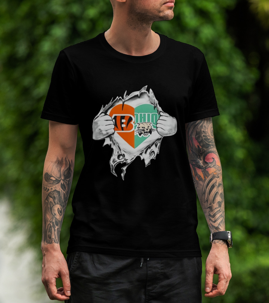 Cincinnati Bengals Ohio Bobcats Heart Superman Chest Rip T-Shirt