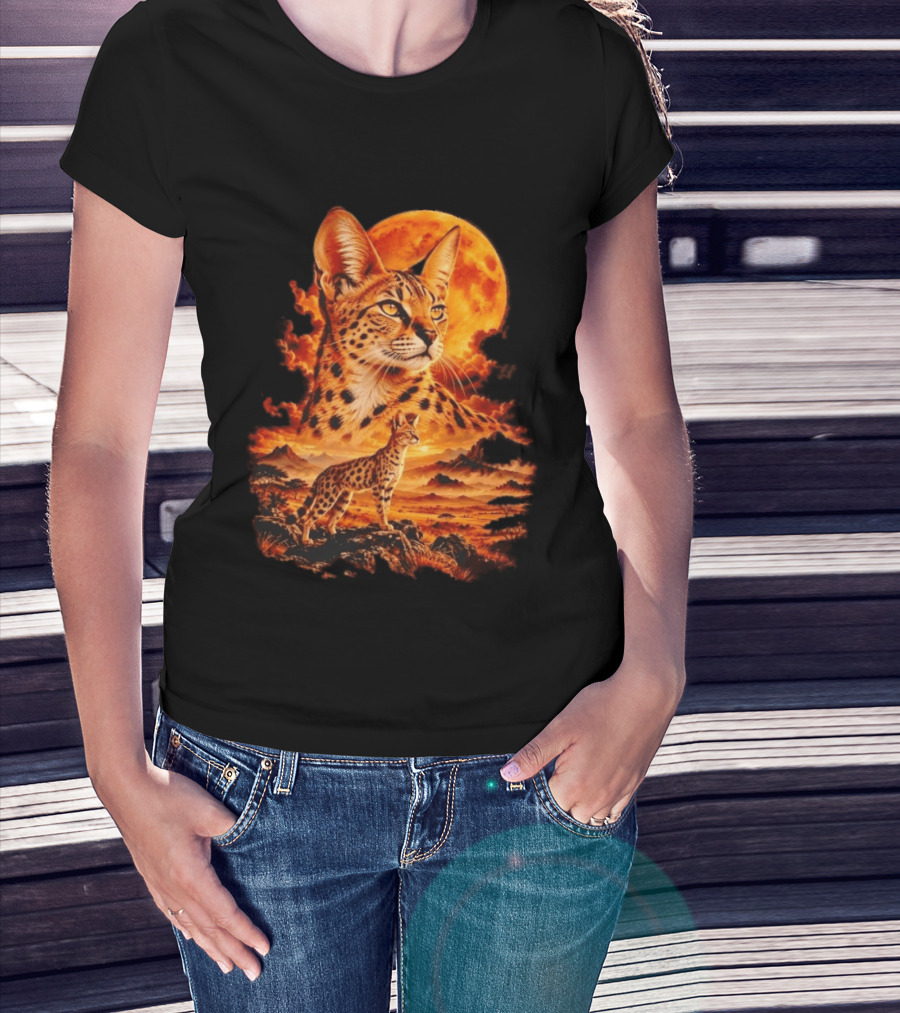 Serval Cat Majestic African Savannah Sunset Scene T-Shirt