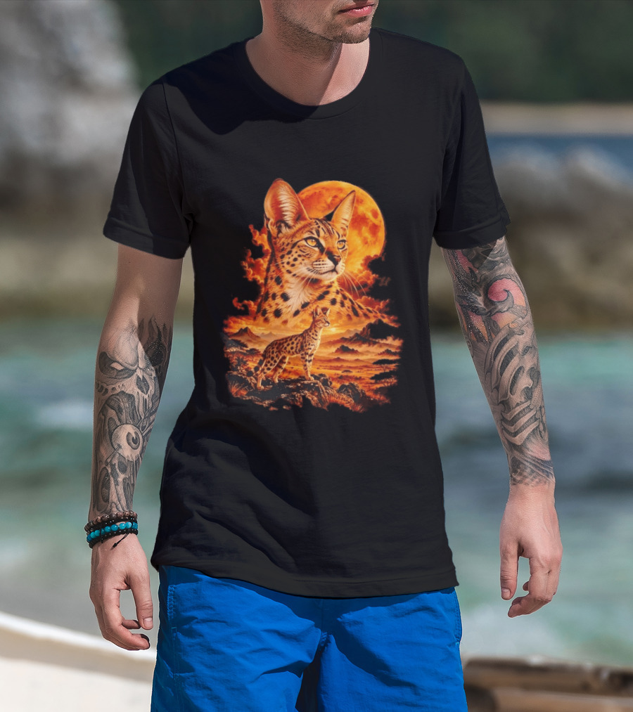 Serval Cat Majestic African Savannah Sunset Scene T-Shirt