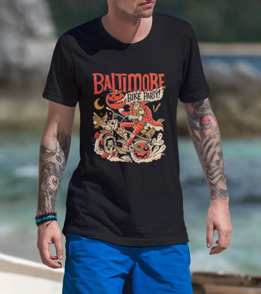 Baltimore Bike Party Halloween Headless Horseman Pumpkin Biker Moon Owl T-Shirt