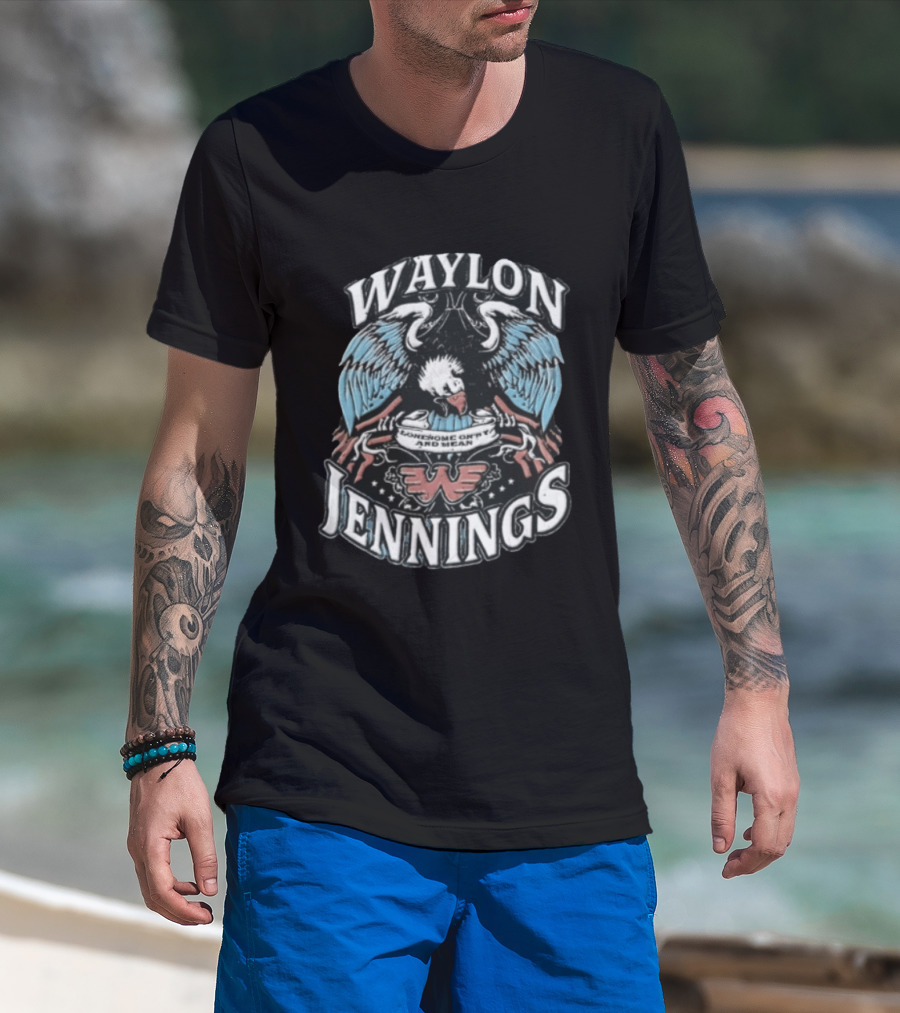 Waylon Jennings Lonesome Onry And Mean Eagle Wings American Flag T-Shirt