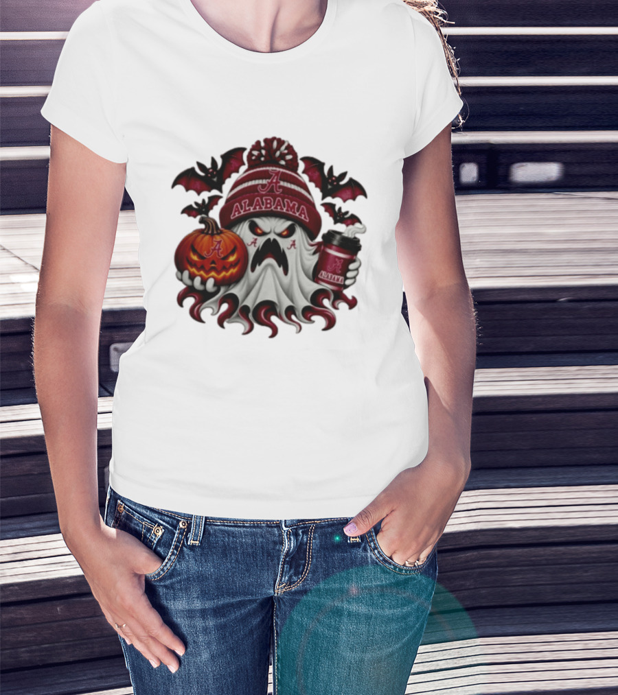 Alabama Crimson Tide Halloween Ghost With Pumpkin And Coffee 2026 T-Shirt