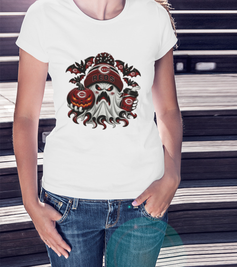 Ghost Pumpkin Cincinnati Reds Coffee Halloween Spooky 2026 Bats T-Shirt