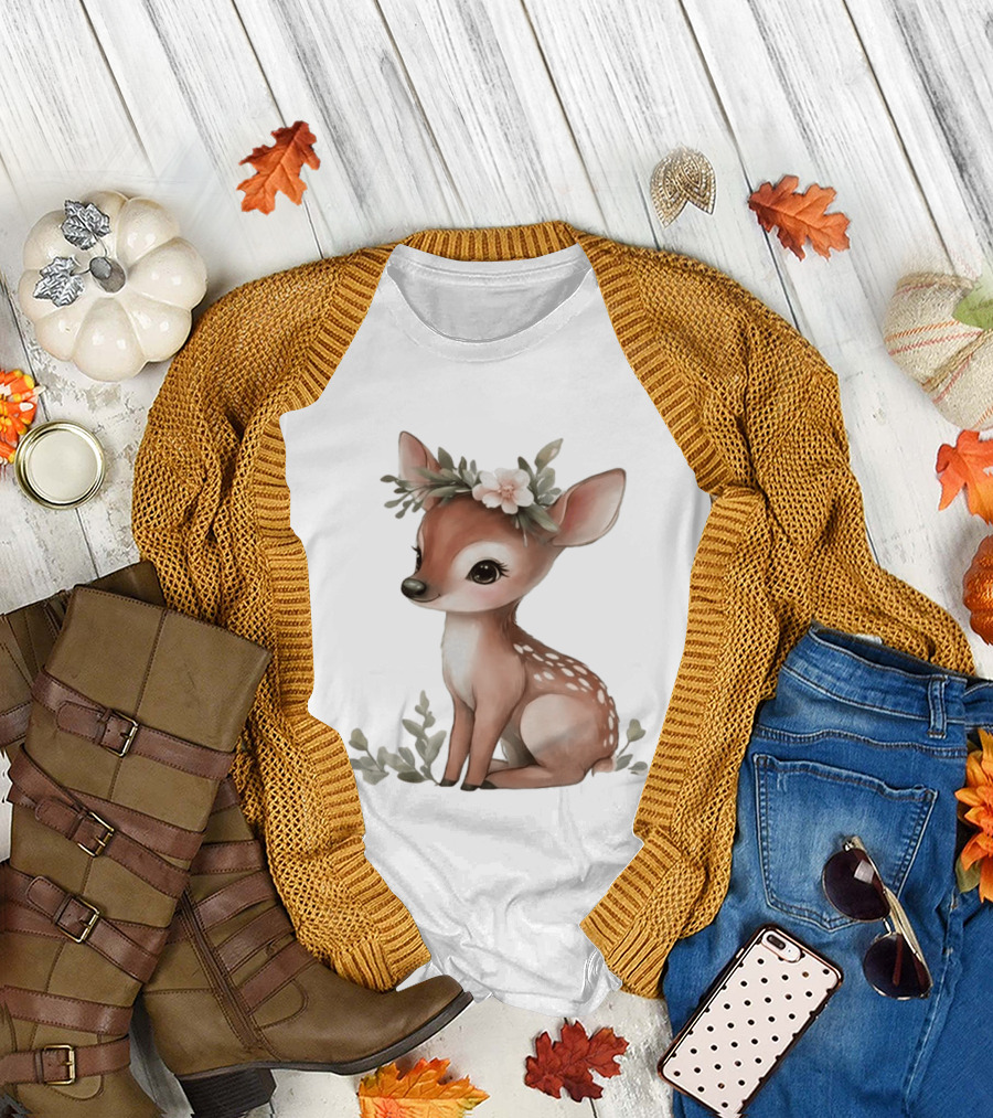 Cute Baby Deer Floral Crown Clipart T-Shirt