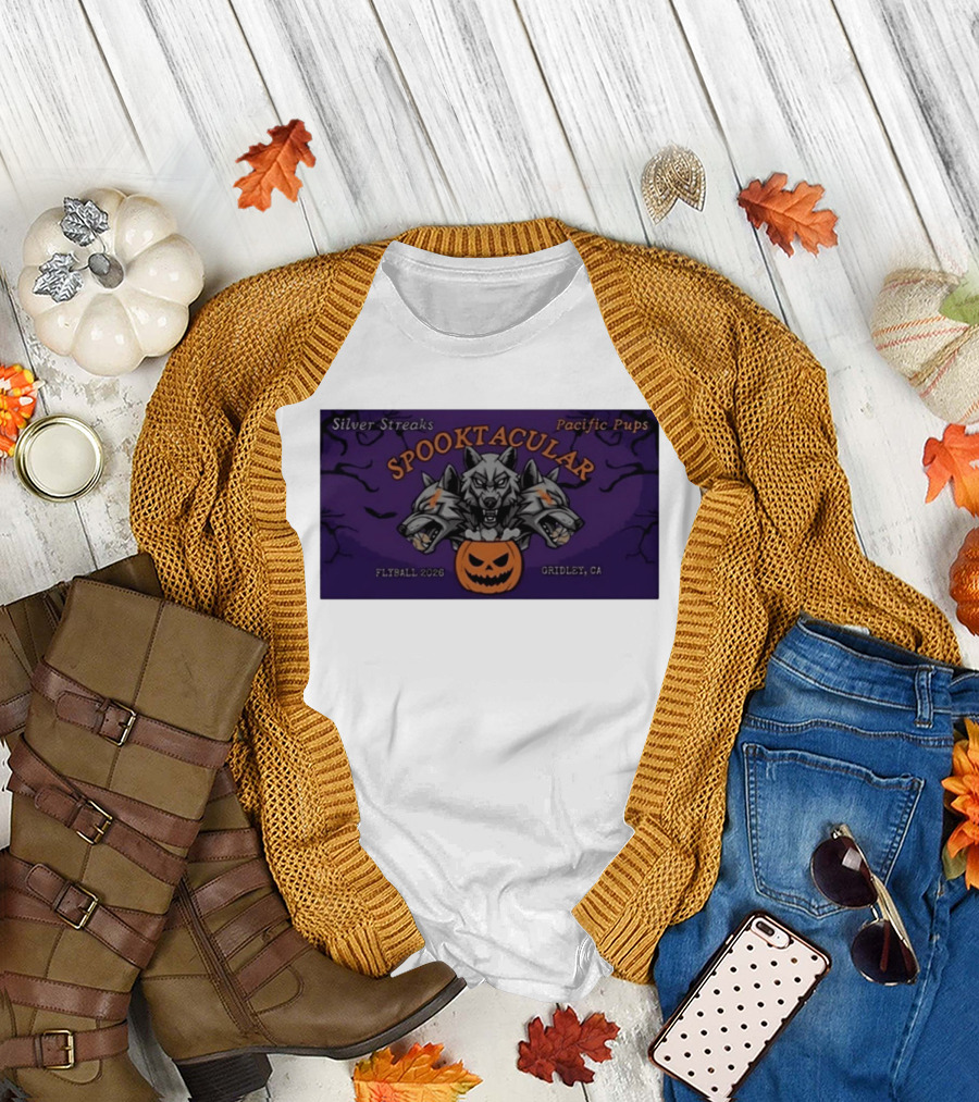 Silver Streaks Pacific Pups Spooktacular Flyball 2026 Gridley CA Halloween Three Headed Wolf Pumpkin T-Shirt