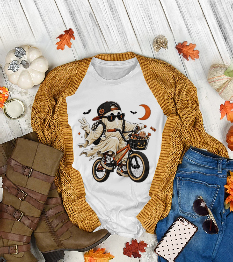Ghost On Bike With Halloween Candy And Peace Sign Moon And Bats T-Shirt