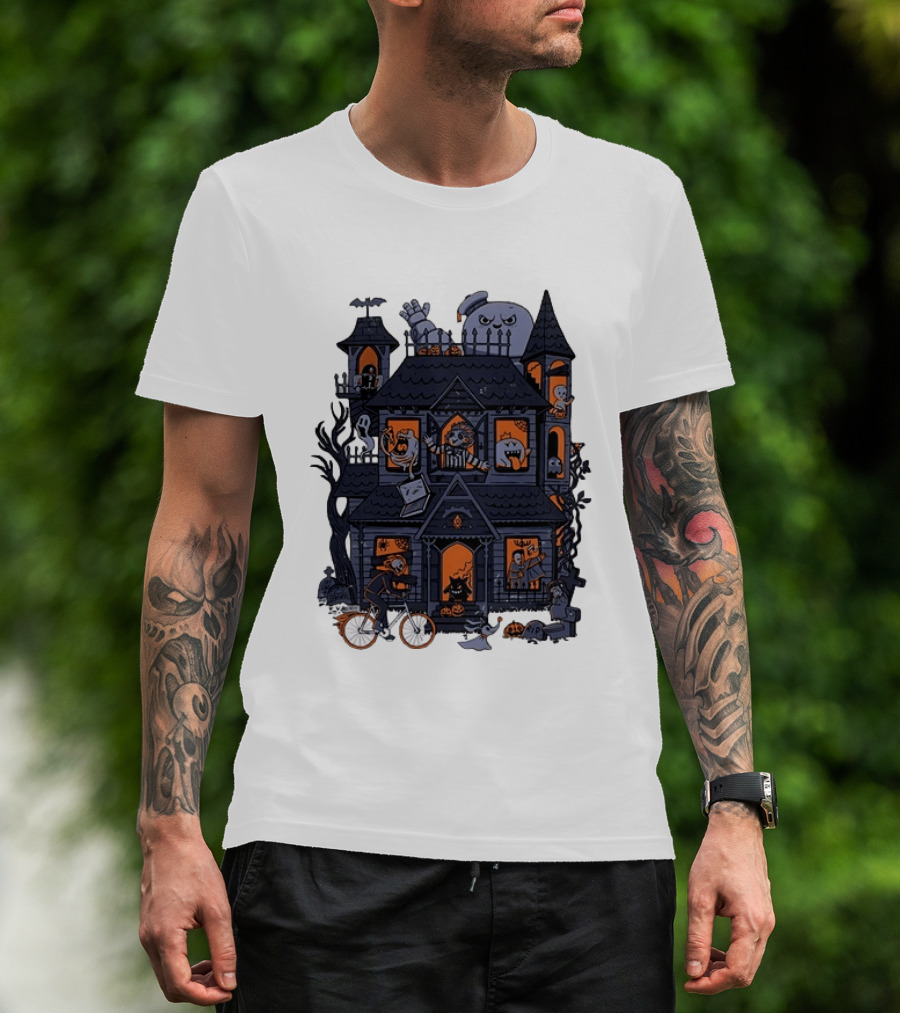Haunted House With Stay Puft Marshmallow Man Horror Characters T-Shirt
