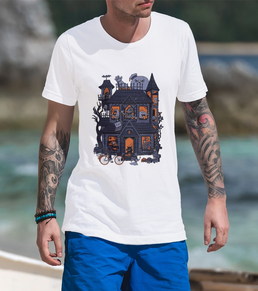 Haunted House With Stay Puft Marshmallow Man Horror Characters T-Shirt
