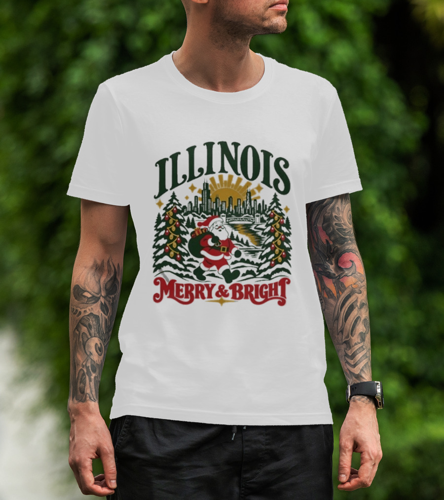 Illinois Merry And Bright Christmas Santa Skyline Forest 2026 T-Shirt