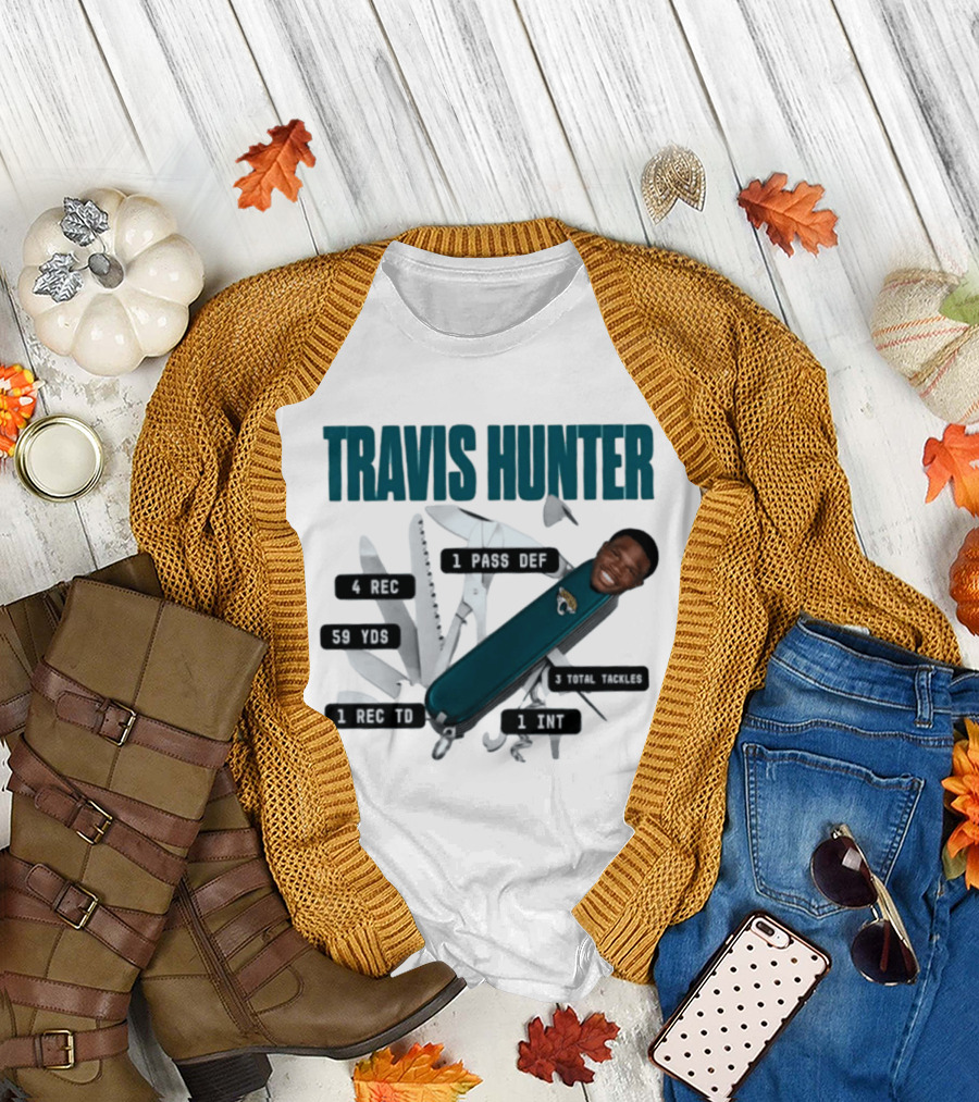 Travis Hunter Swiss Army Knife 4 REC 59 YDS 1 REC TD Jacksonville Jaguars T-Shirt