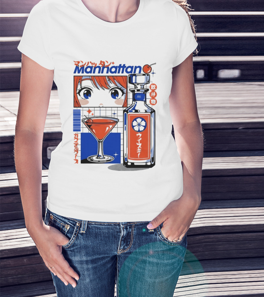 Manhattan Anime Style Whiskey Bottle With Cocktail And Cherry T-Shirt