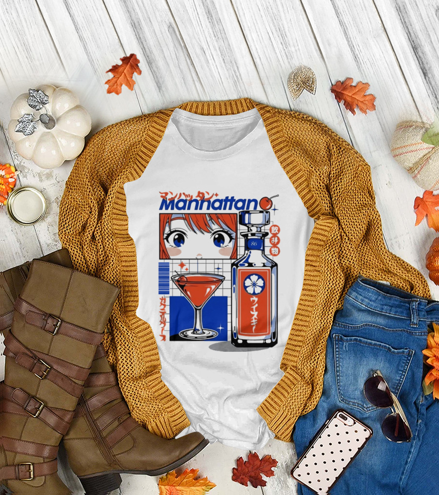 Manhattan Anime Style Whiskey Bottle With Cocktail And Cherry T-Shirt