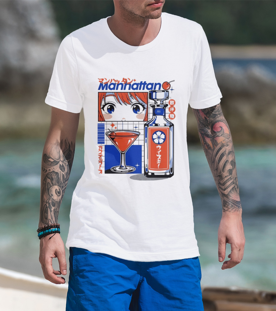 Manhattan Anime Style Whiskey Bottle With Cocktail And Cherry T-Shirt