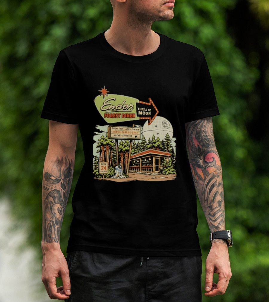 Endor Forest Diner Breakfast Lunch Dinner Moon Star Wars 24 Hours R2 D2 T-Shirt