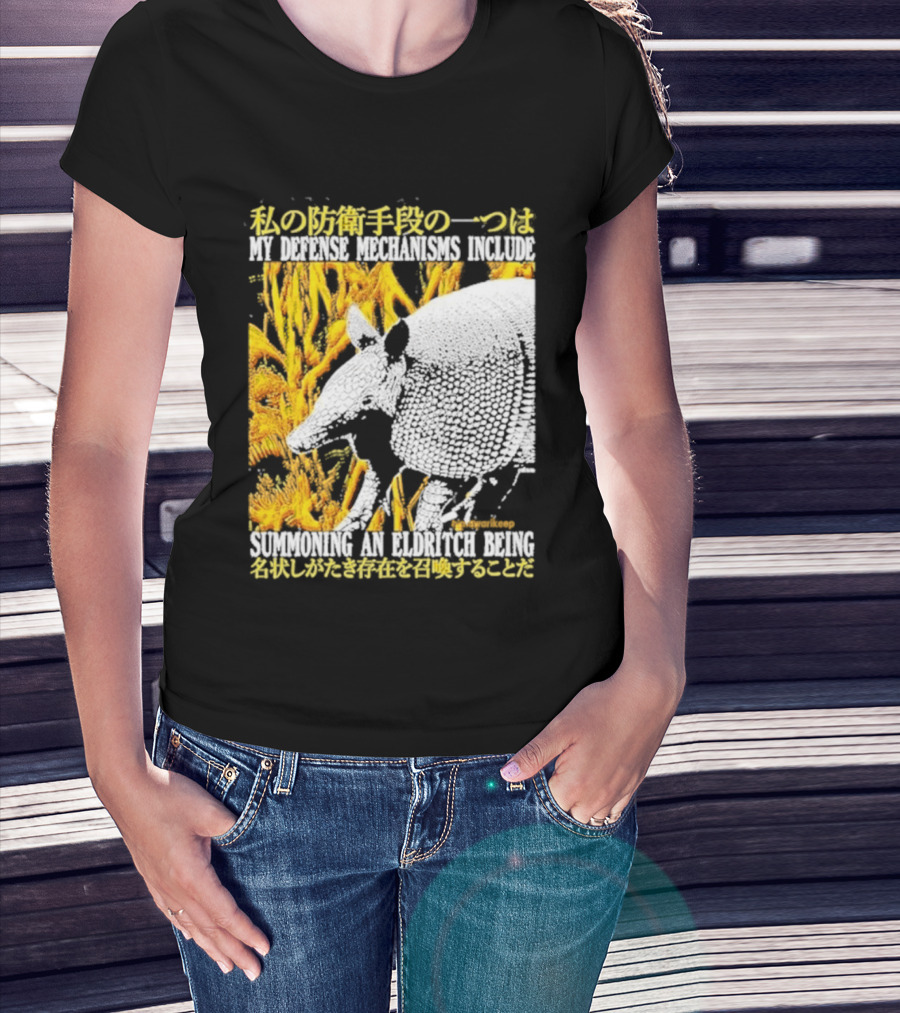 My Defense Mechanisms Include Summoning An Eldritch Being Japanese Text Immersed In Fiery Abstract T-Shirt