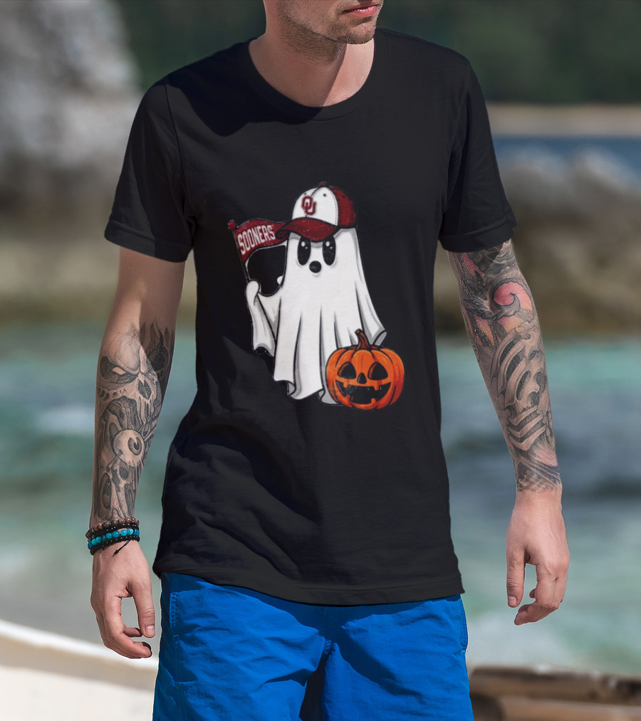 Oklahoma Sooners Ghost With Pumpkin Halloween Fan Gear T-Shirt