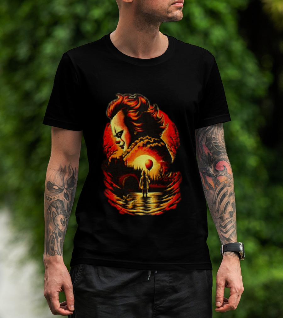 Pennywise IT Clown Face With Red Balloon And Sunset Scene T-Shirt