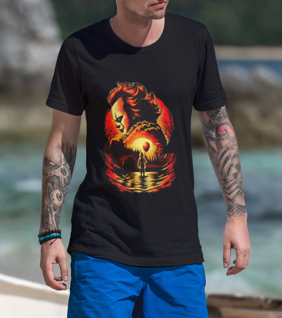 Pennywise IT Clown Face With Red Balloon And Sunset Scene T-Shirt
