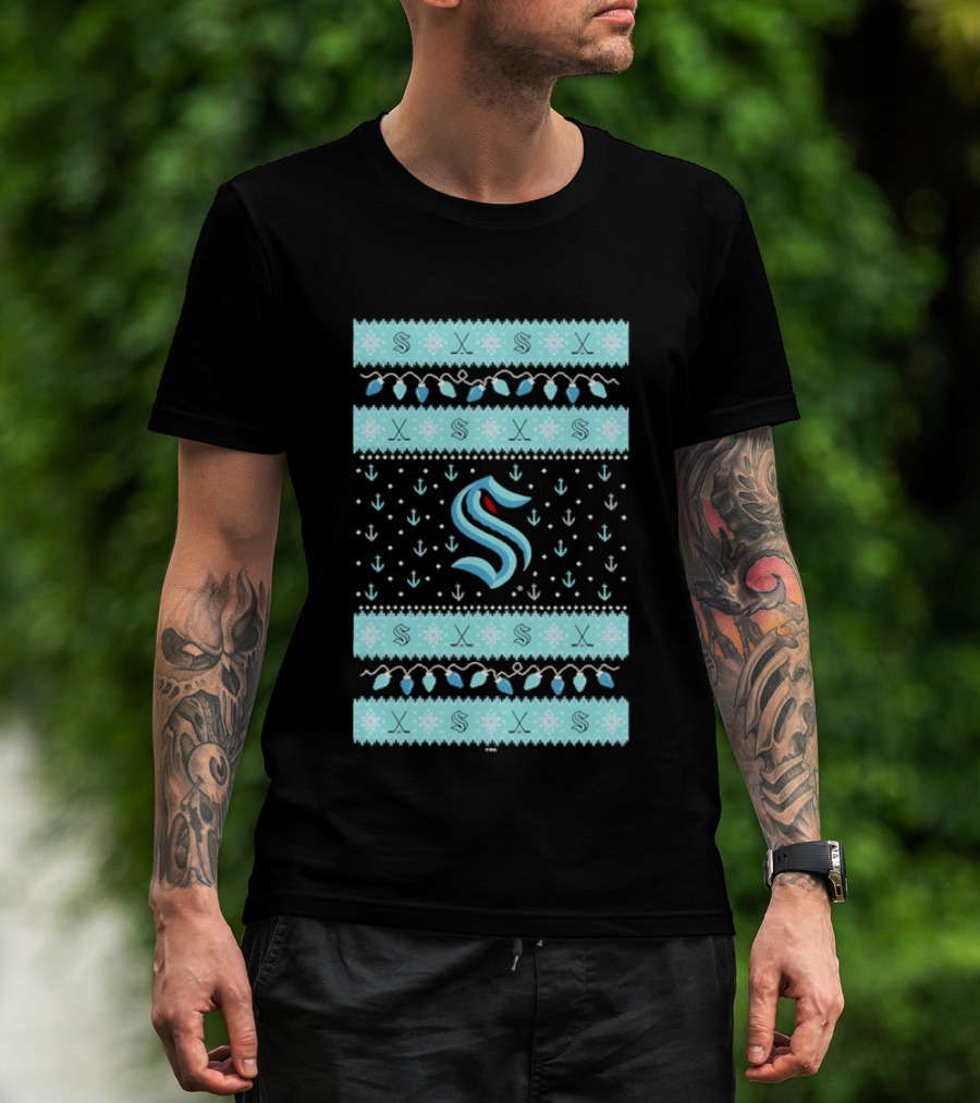 Seattle Kraken NHL Holiday Knit Sweater Lights Snowflakes T-Shirt