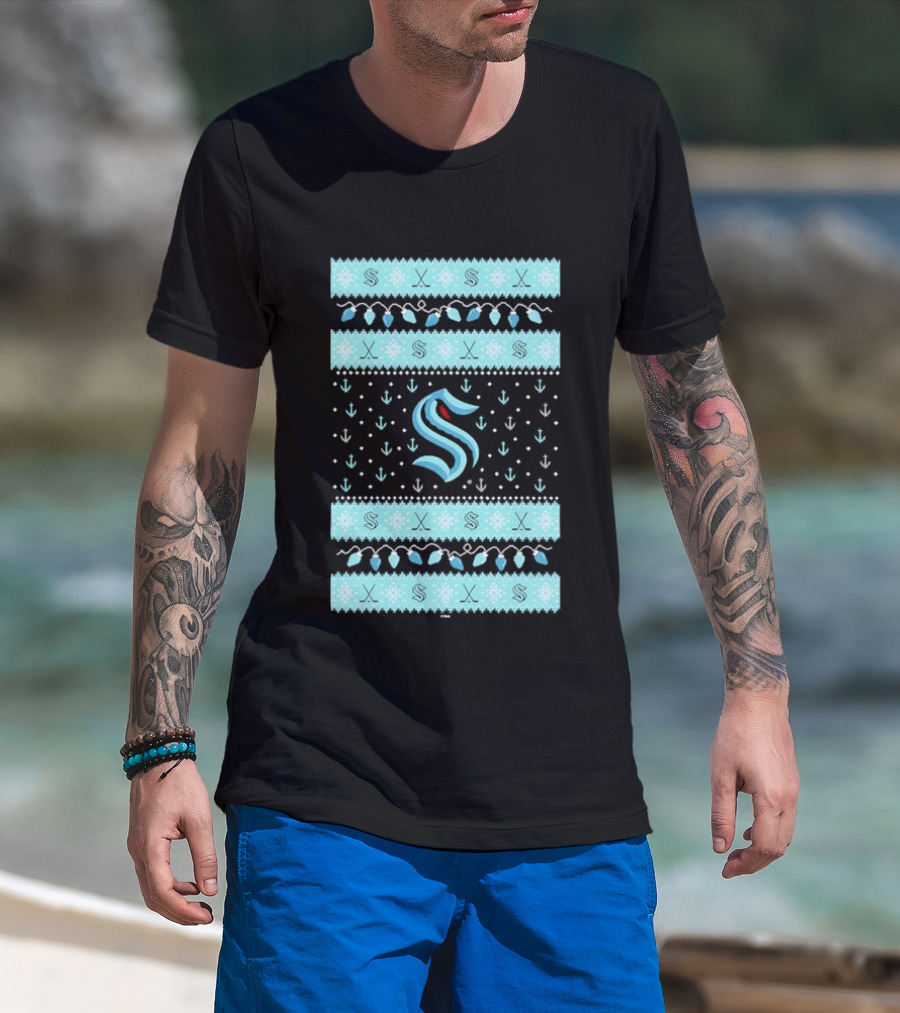 Seattle Kraken NHL Holiday Knit Sweater Lights Snowflakes T-Shirt