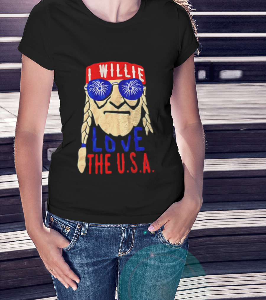 I Willie Nelson Love The U.S.A. Braided Hair Fireworks Sunglasses T-Shirt