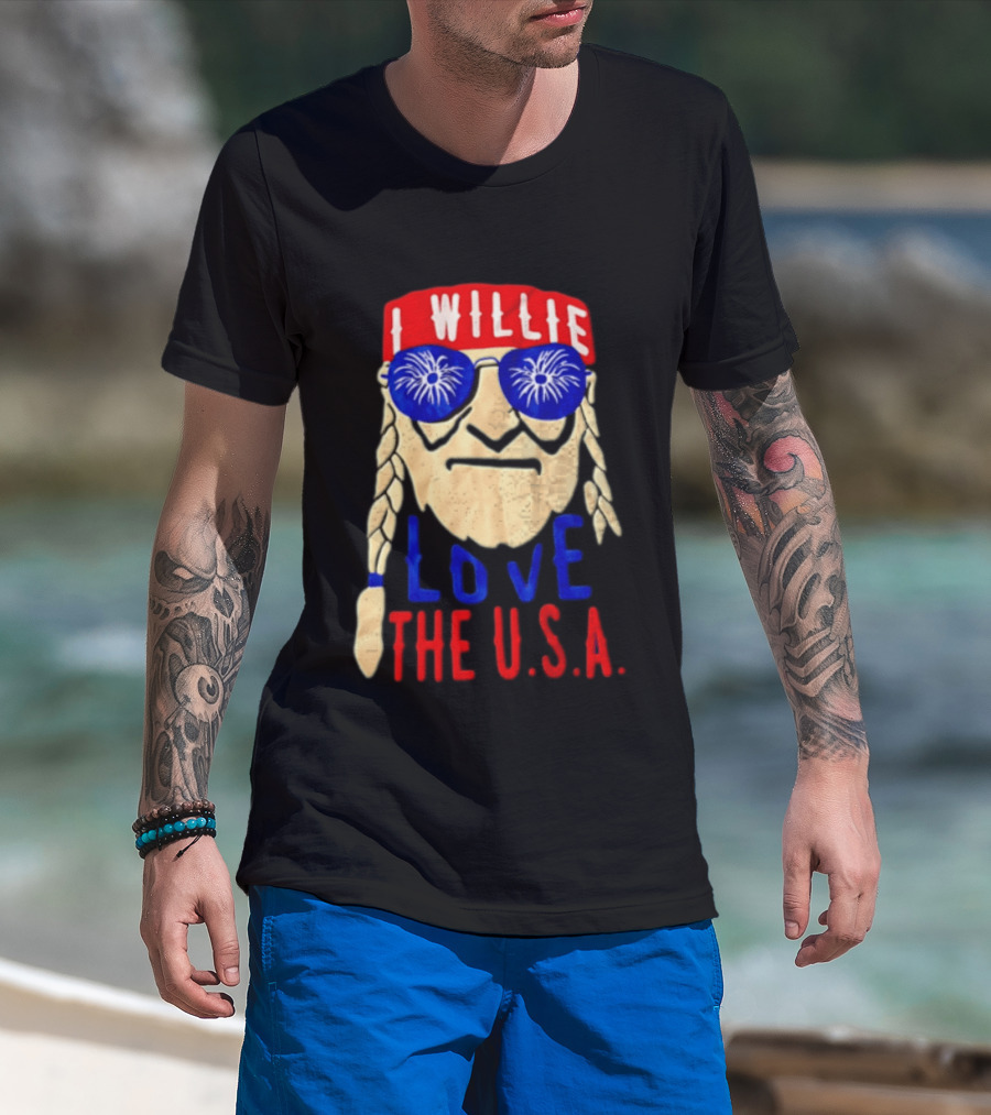 I Willie Nelson Love The U.S.A. Braided Hair Fireworks Sunglasses T-Shirt
