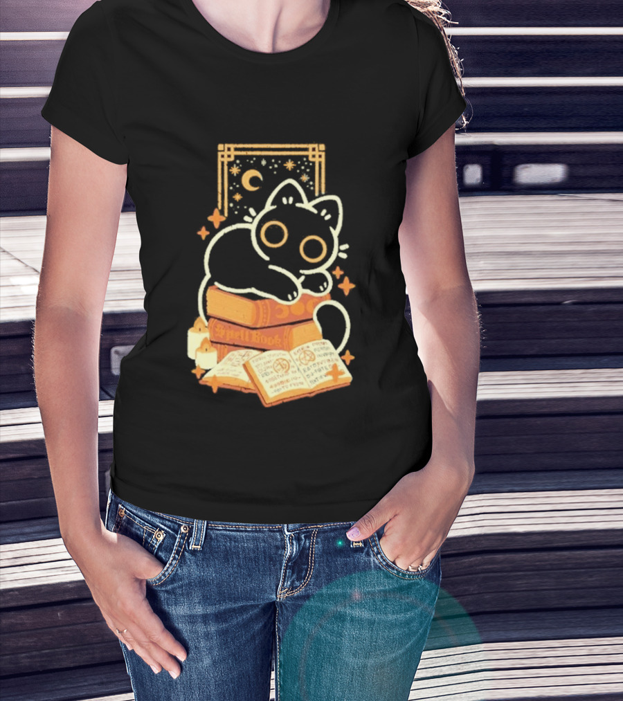 Black Cat Spell Book Candles Moon Stars Mystical Scene T-Shirt
