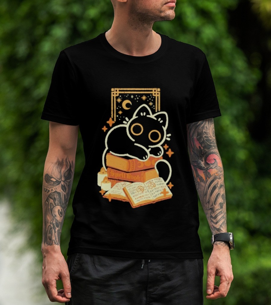 Black Cat Spell Book Candles Moon Stars Mystical Scene T-Shirt