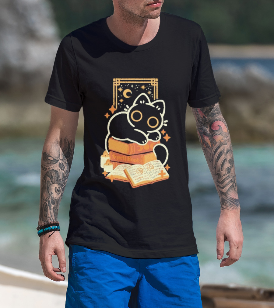 Black Cat Spell Book Candles Moon Stars Mystical Scene T-Shirt