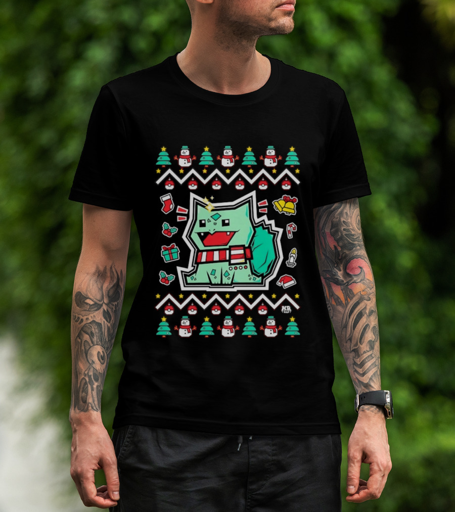 Bulbasaur Christmas Holiday Ugly Sweater Pattern With Snowmen And Presents T-Shirt