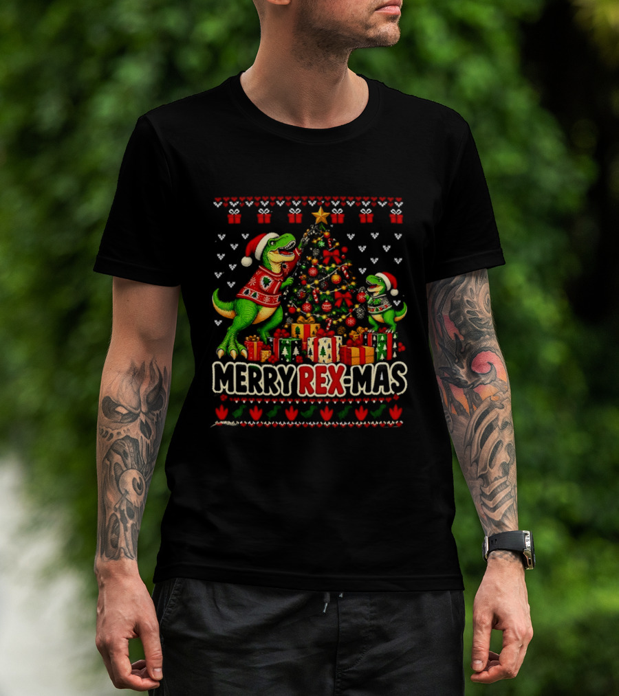 Merry Rex Mas Rex Dinosaur Christmas Tree Santa Hats T-Shirt