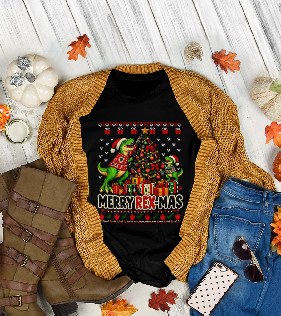 Merry Rex Mas Rex Dinosaur Christmas Tree Santa Hats T-Shirt