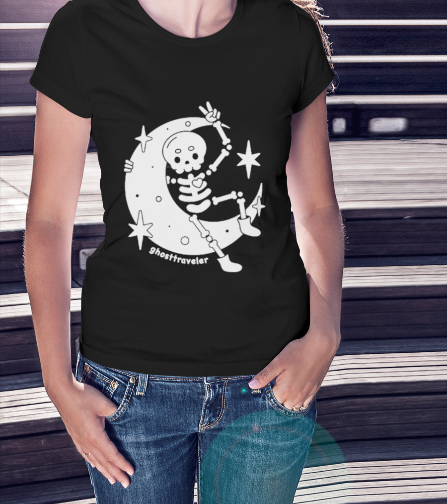 Ghosttraveler Skeleton On The Moon With Stars Spooky Halloween T-Shirt