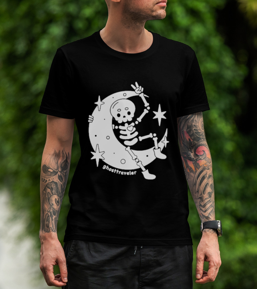 Ghosttraveler Skeleton On The Moon With Stars Spooky Halloween T-Shirt