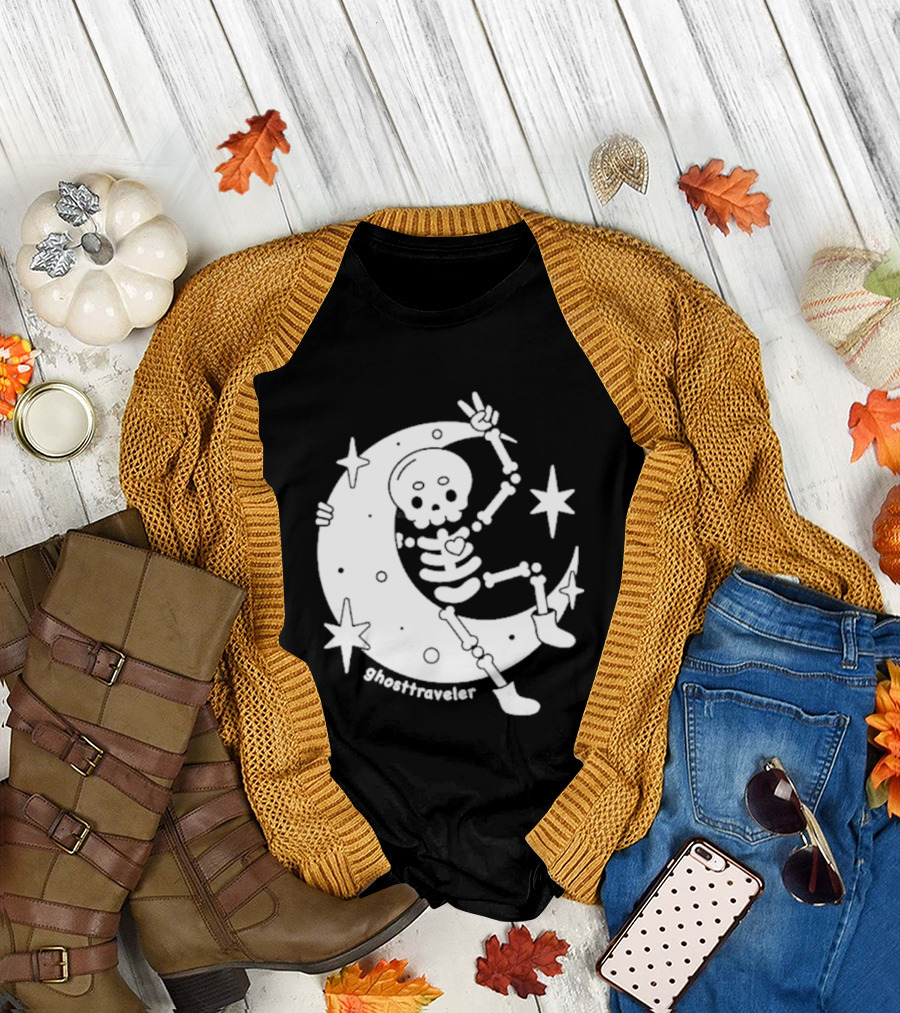 Ghosttraveler Skeleton On The Moon With Stars Spooky Halloween T-Shirt