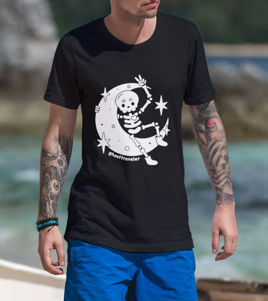 Ghosttraveler Skeleton On The Moon With Stars Spooky Halloween T-Shirt