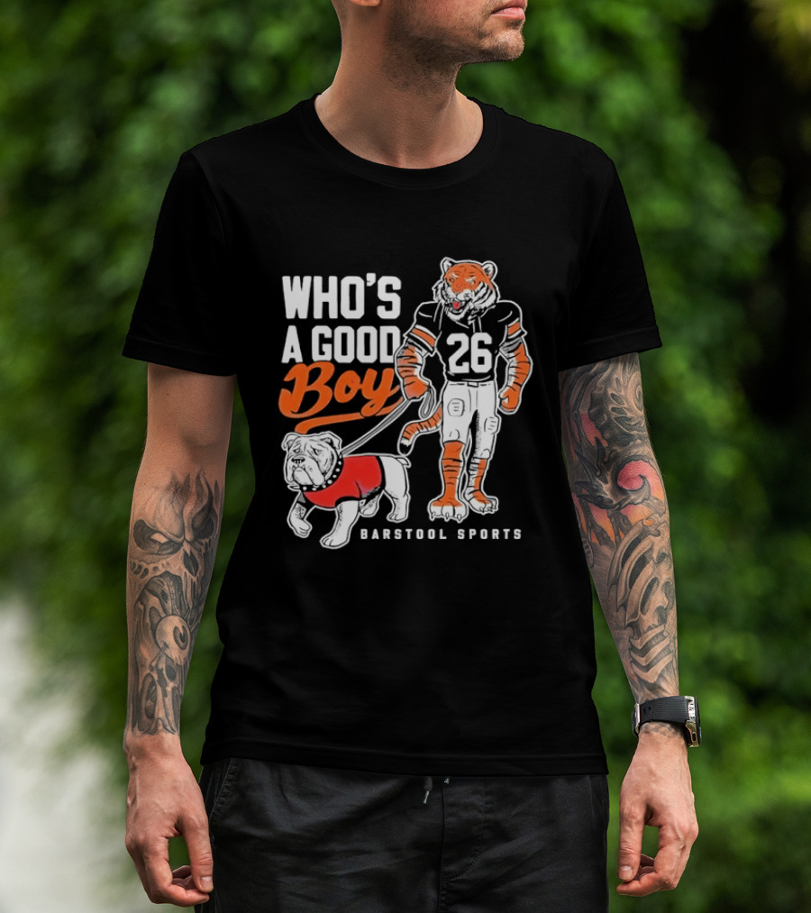 Who's A Good Boy Barstool Sports Tiger 26 Football Player Bulldog T-Shirt
