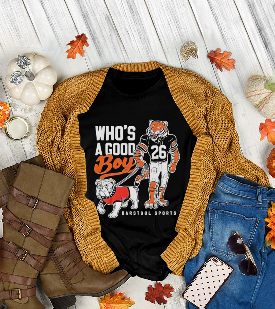 Who's A Good Boy Barstool Sports Tiger 26 Football Player Bulldog T-Shirt